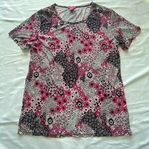 Prestige Edge Womens 1X Pink Black Floral Short Sleeve Stretch Blouse Top